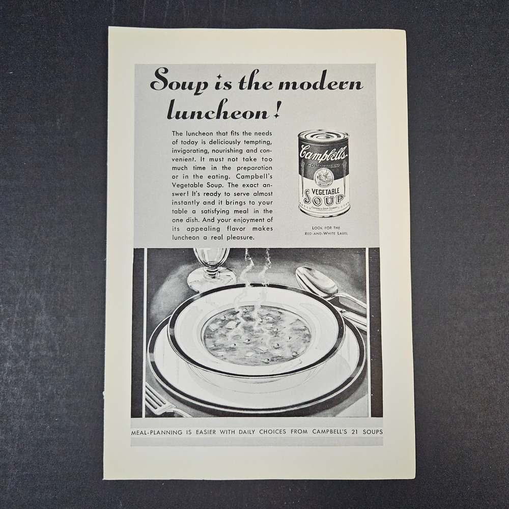 1932 Campbell's Vegetable Soup Vintage Print Ad Steaming Luncheon Bowl Canned